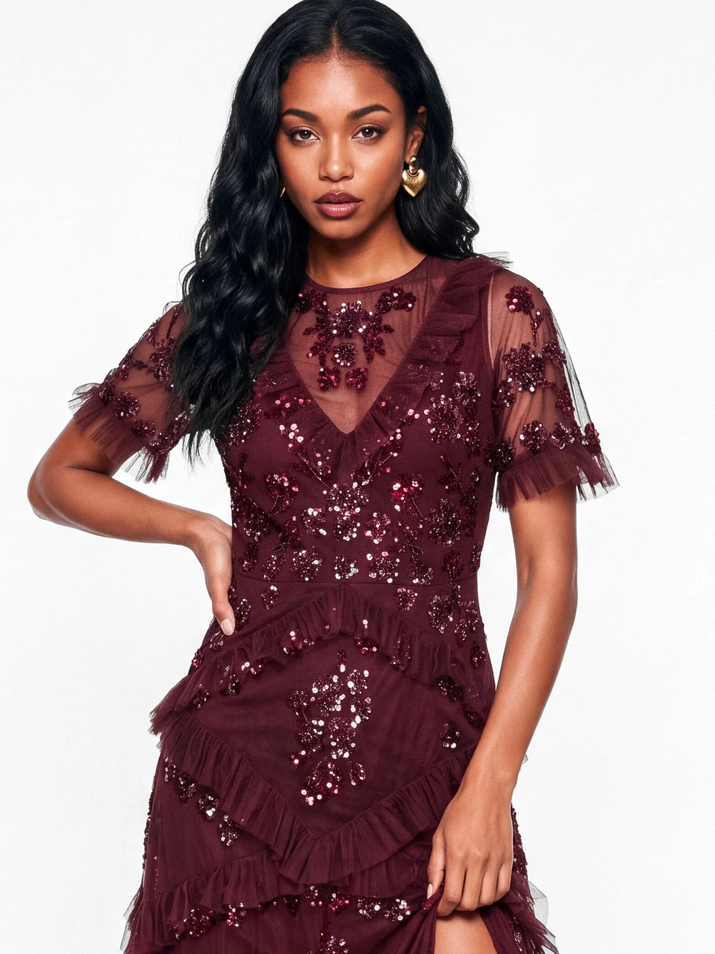 Maya Red Berry Embellished Angel Sleeve Ruffle Maxi Dress