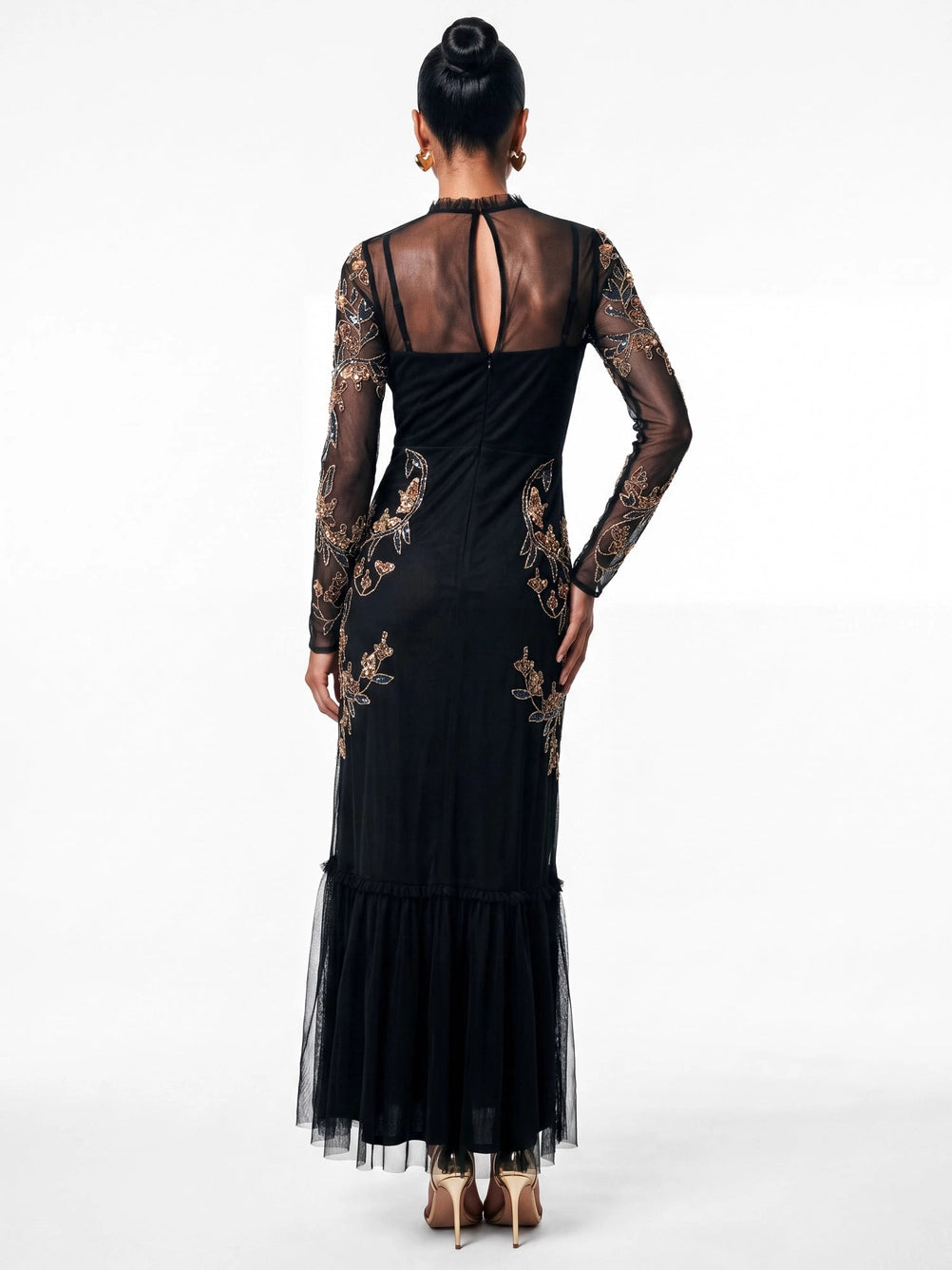 Maya Black Embellished Long Sleeve High Neck Midaxi Dress