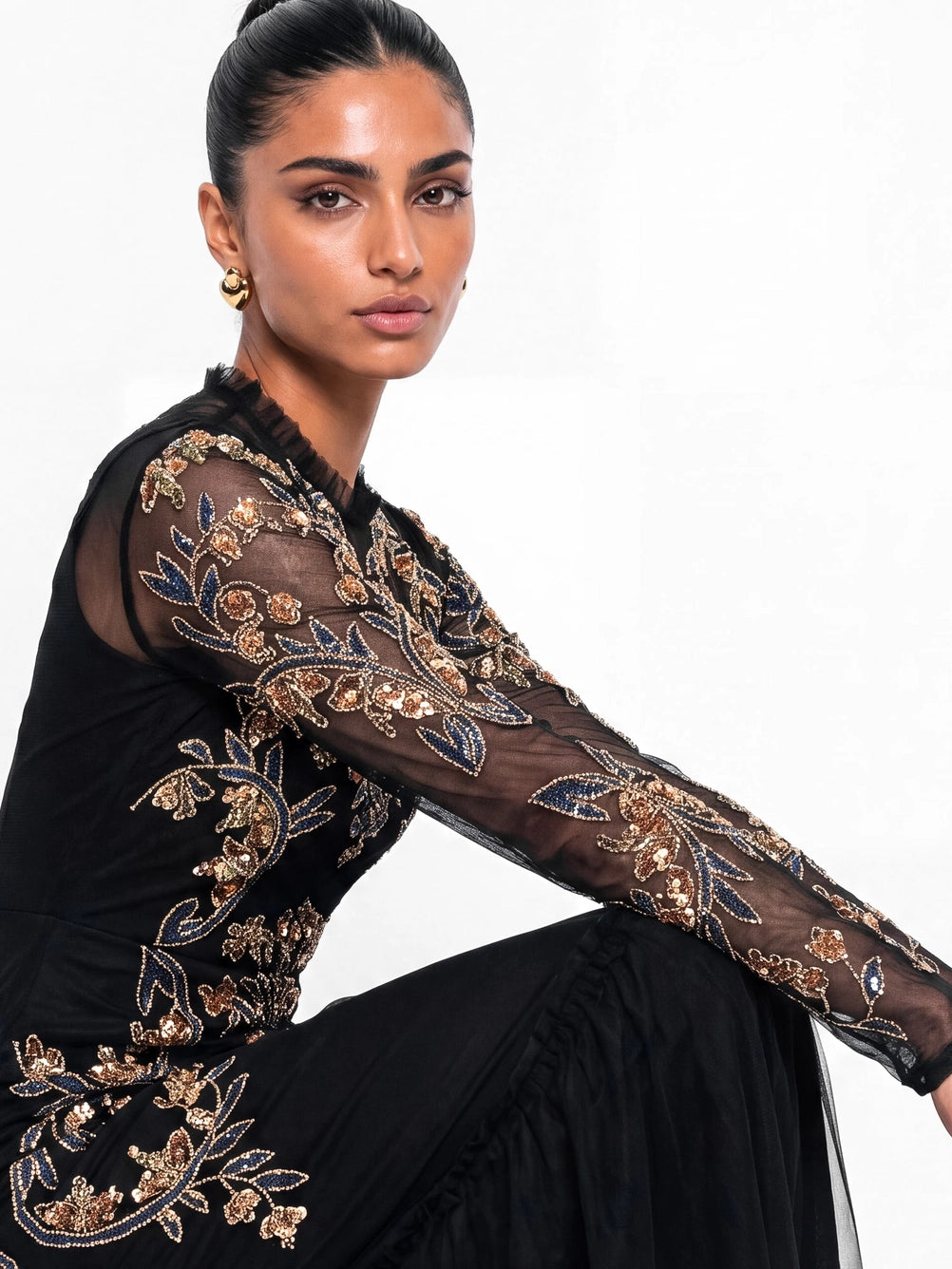 Maya Black Embellished Long Sleeve High Neck Midaxi Dress