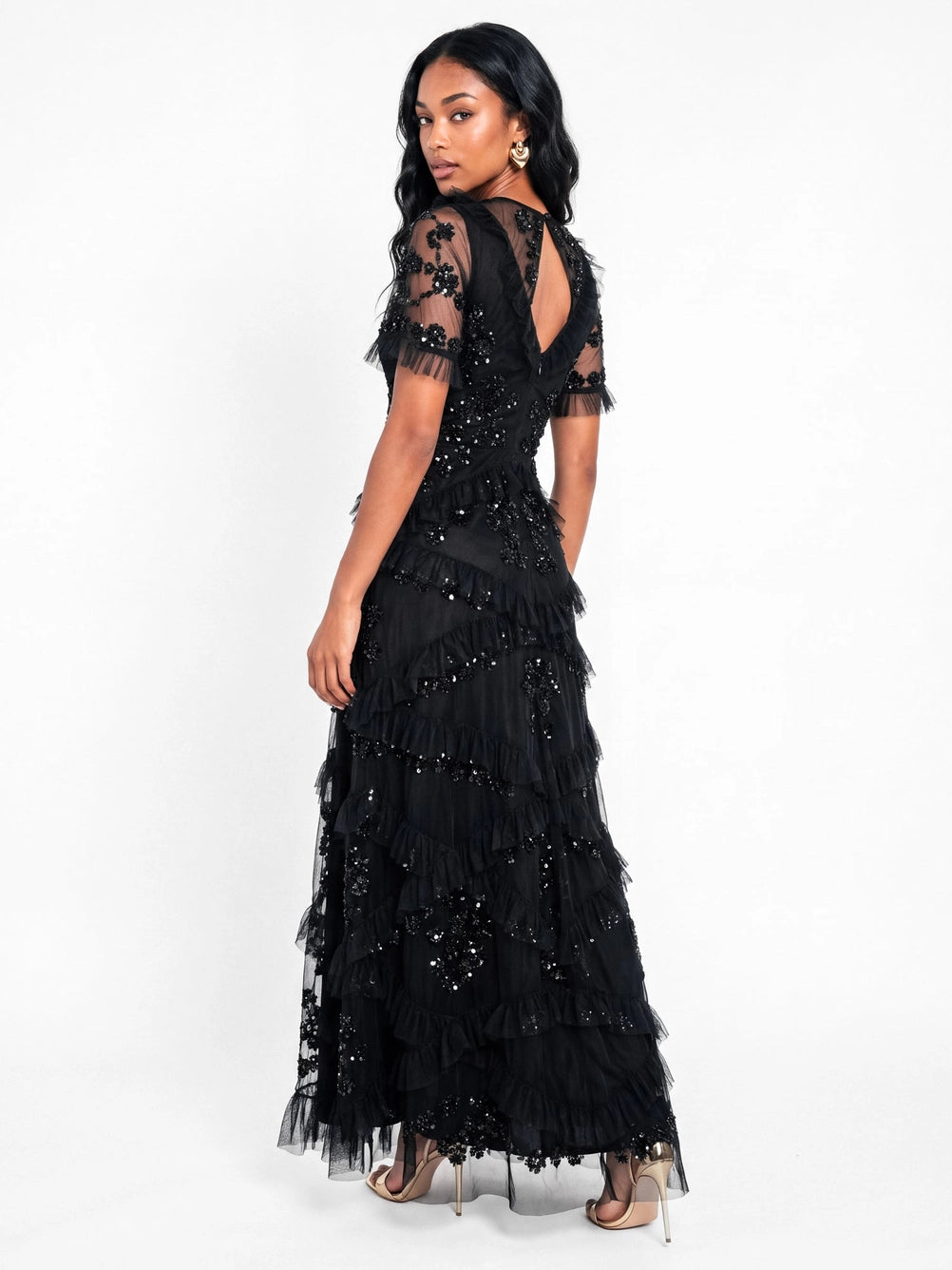 Maya Black Embellished Angel Sleeve Ruffle Maxi Dress