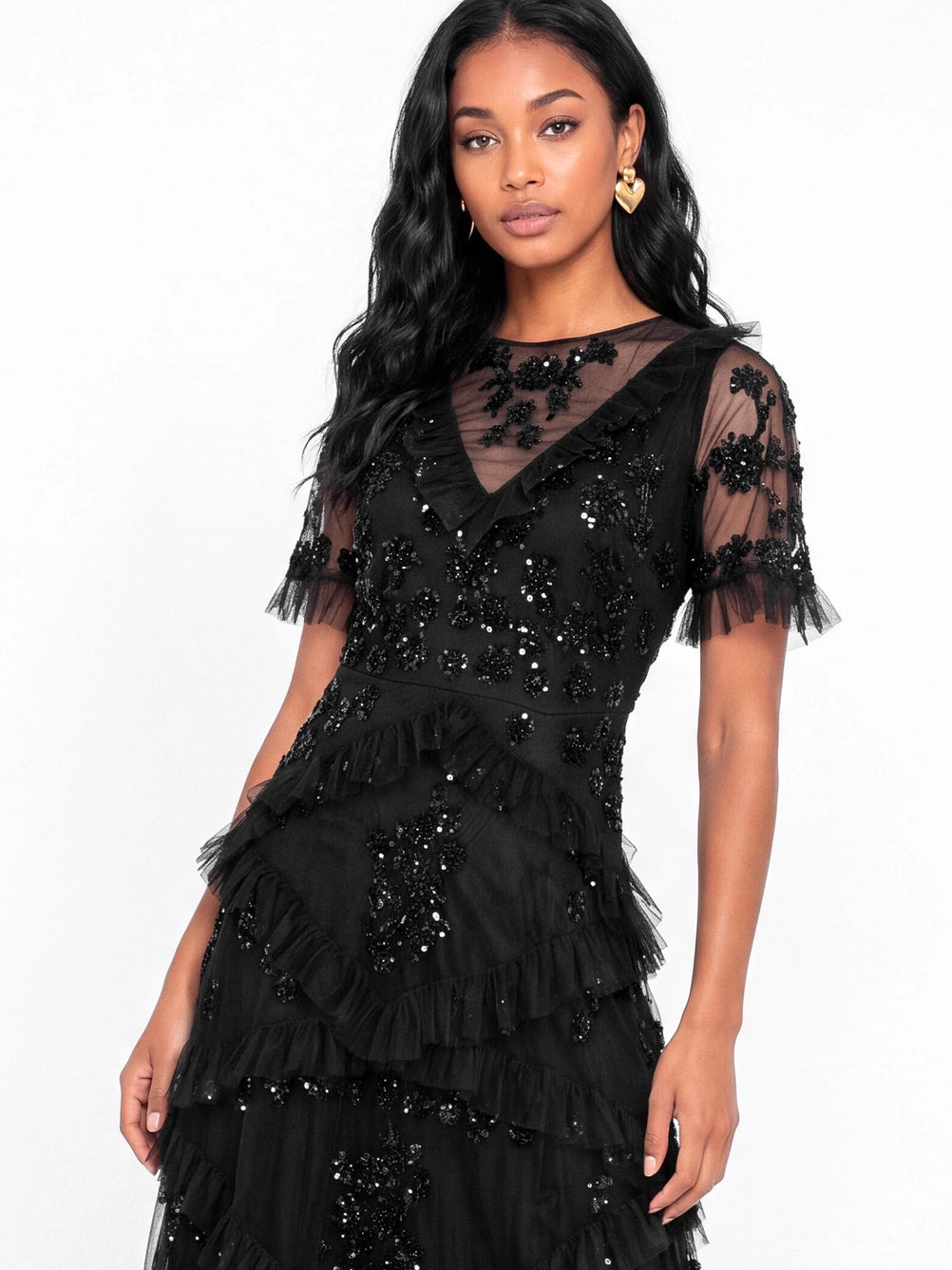 Maya Black Embellished Angel Sleeve Ruffle Maxi Dress