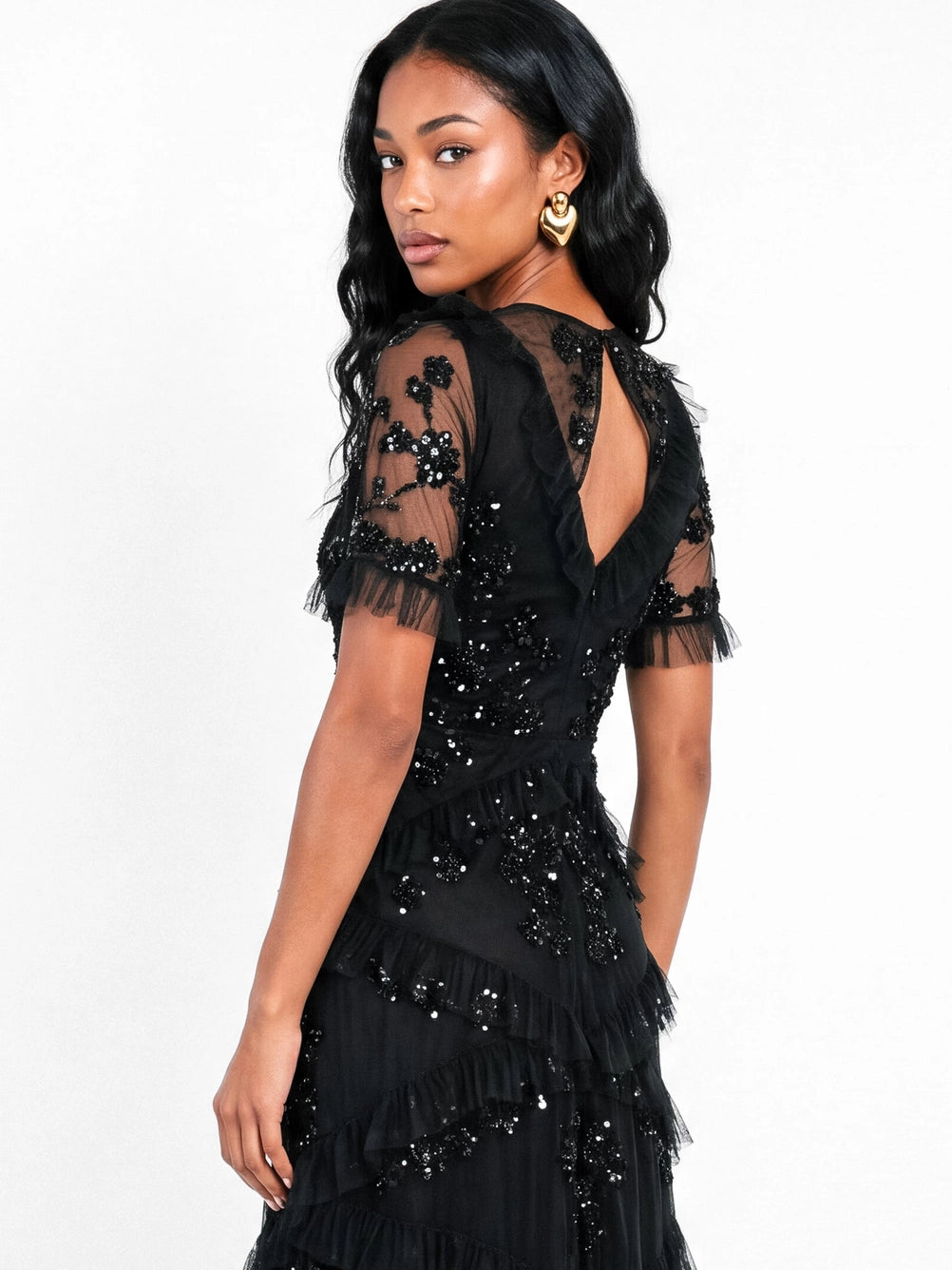 Maya Black Embellished Angel Sleeve Ruffle Maxi Dress