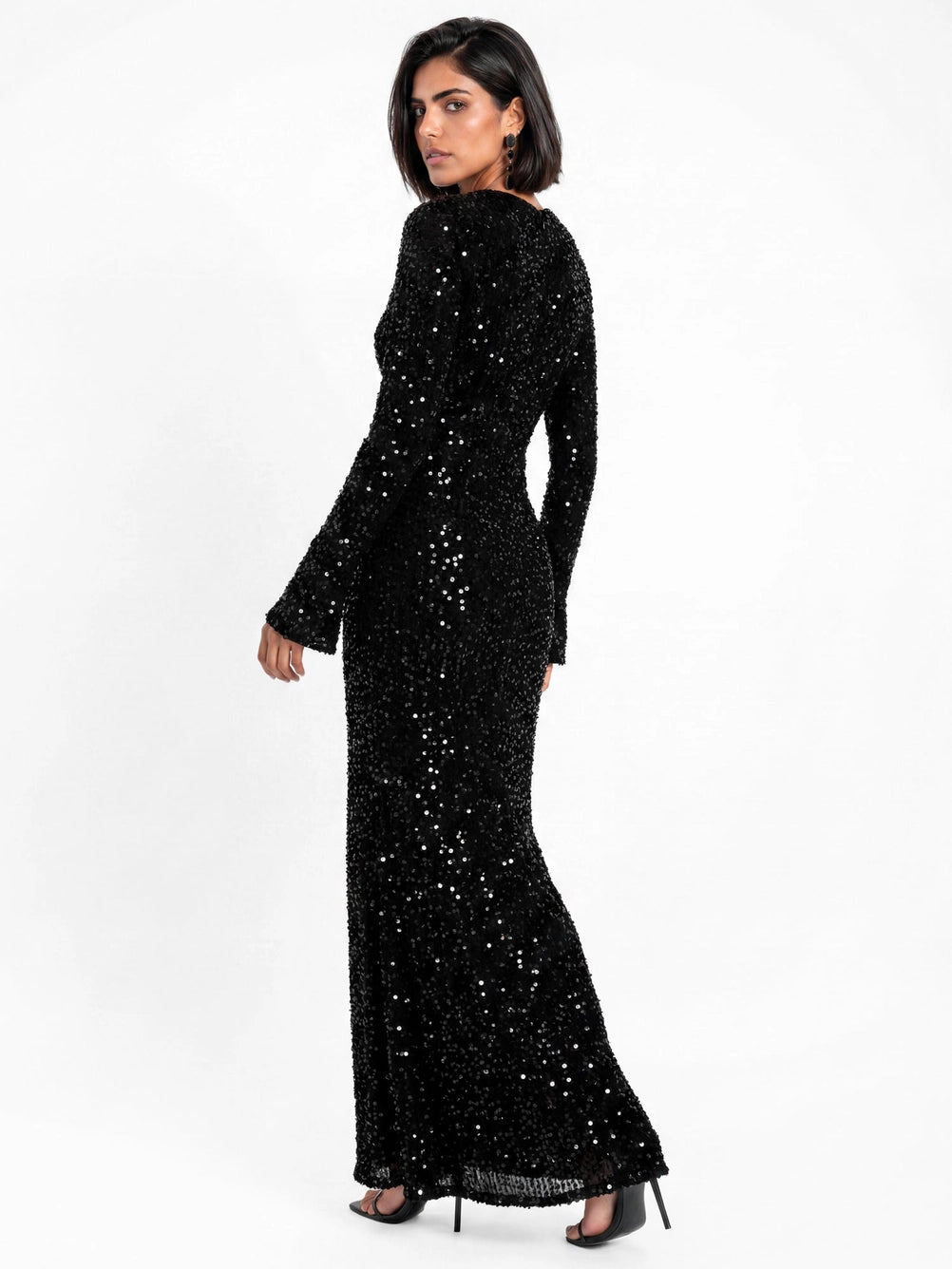 Maya Black Embellished Bell Sleeve Sequin Slit Maxi dress