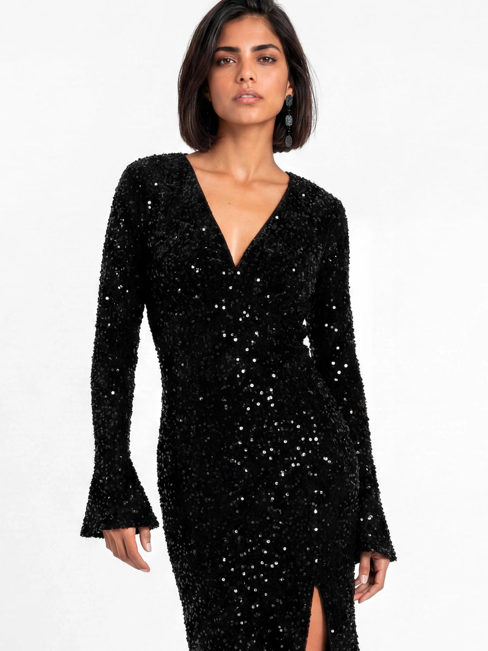 Maya Black Embellished Bell Sleeve Sequin Slit Maxi dress
