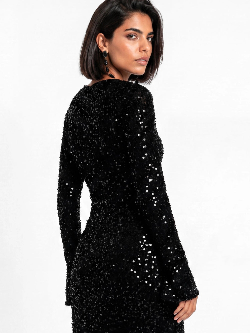 Maya Black Embellished Bell Sleeve Sequin Slit Maxi dress