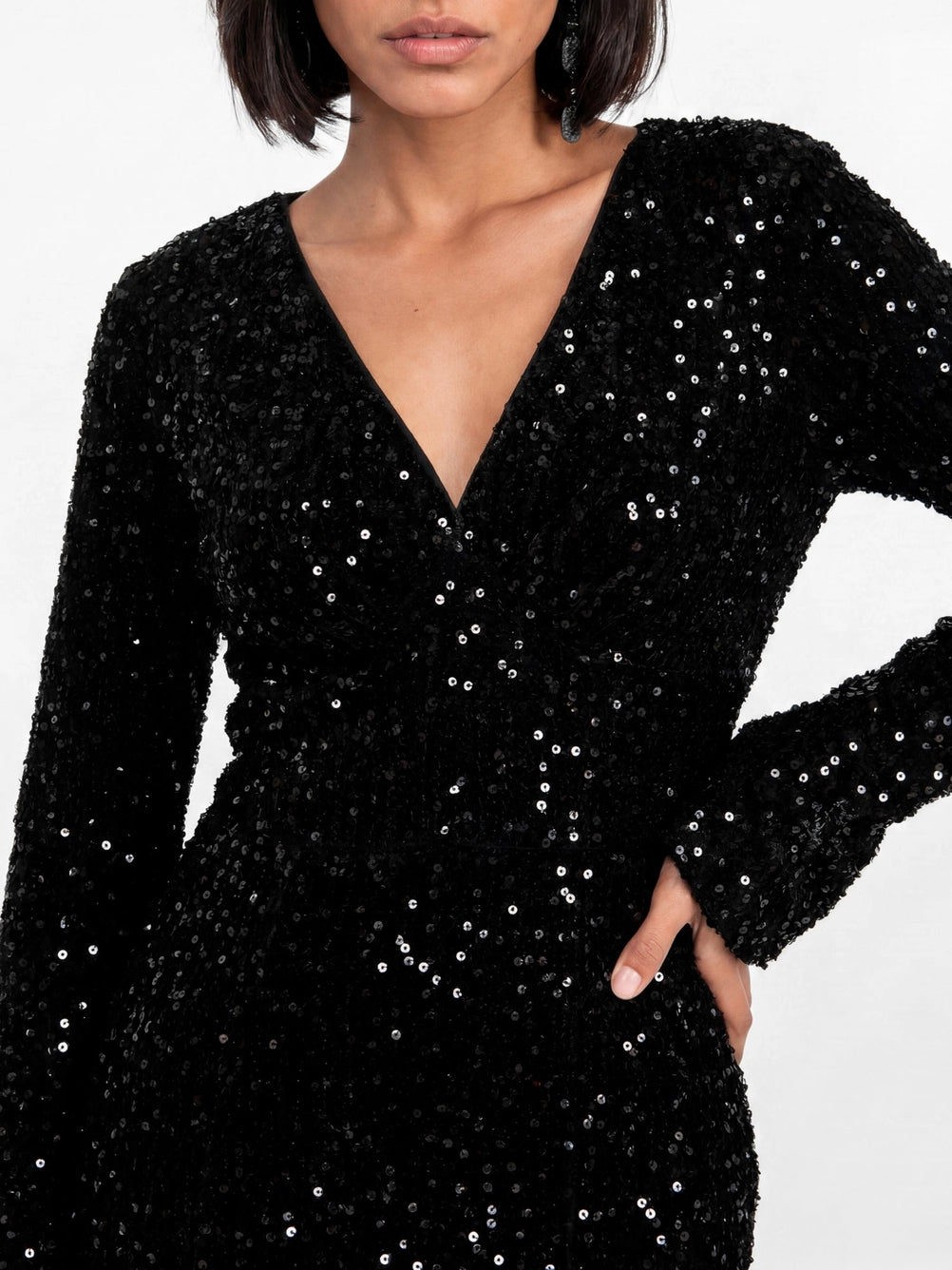 Maya Black Embellished Bell Sleeve Sequin Slit Maxi dress