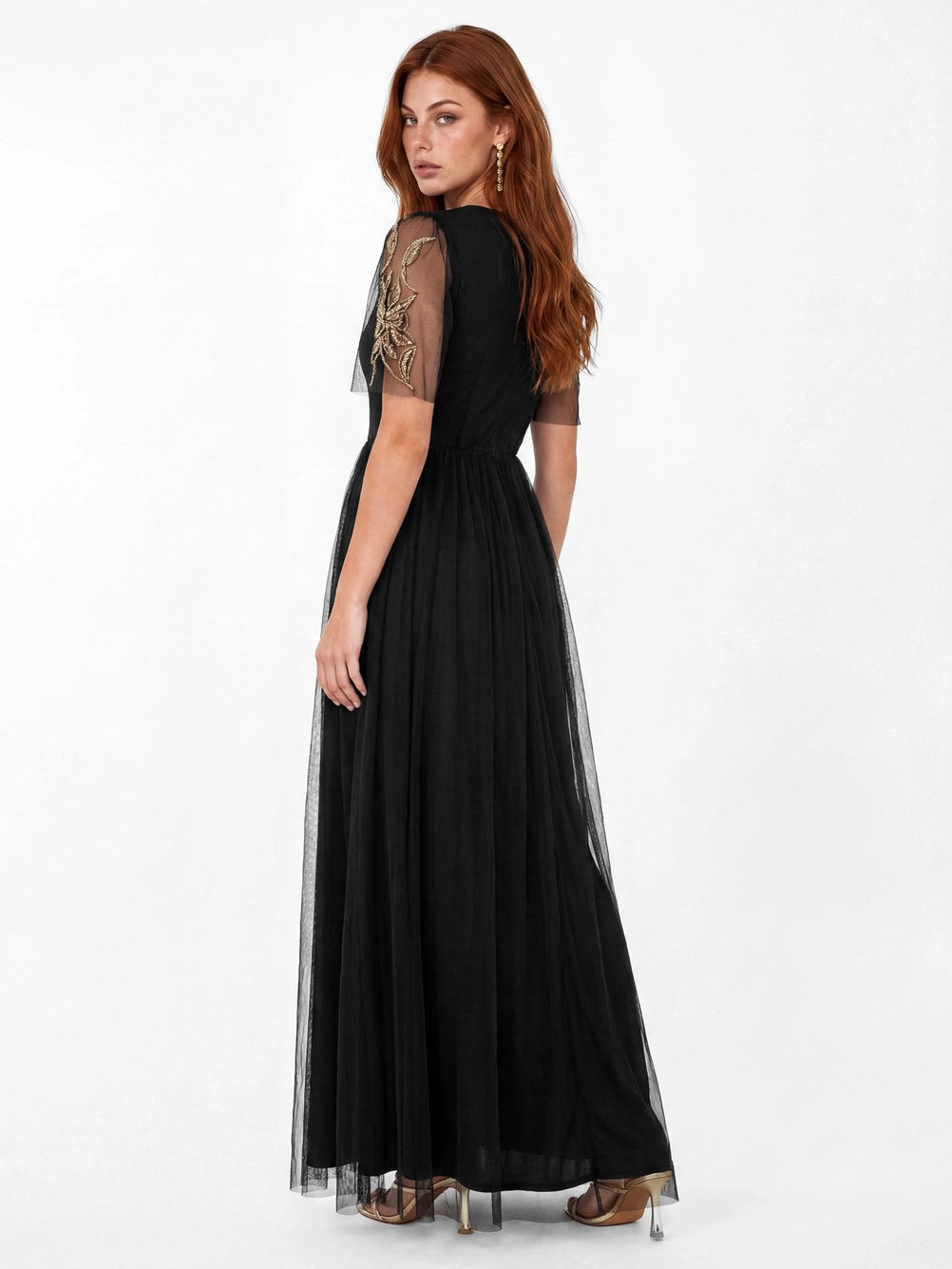 Maya Black Floral Embellished Faux Wrap Tulle Maxi Dress