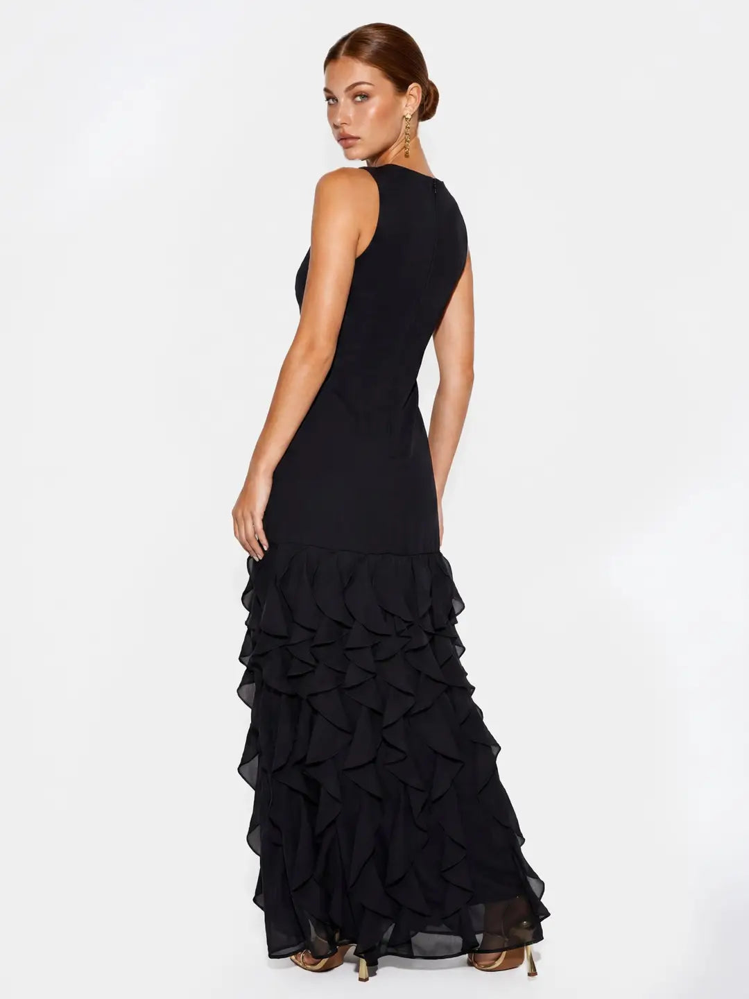 Maya Black Embellished Waterfall Sleeveless Ruffle Maxi Dress