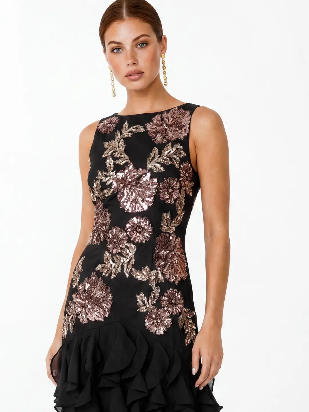 Maya Black Embellished Waterfall Sleeveless Ruffle Maxi Dress