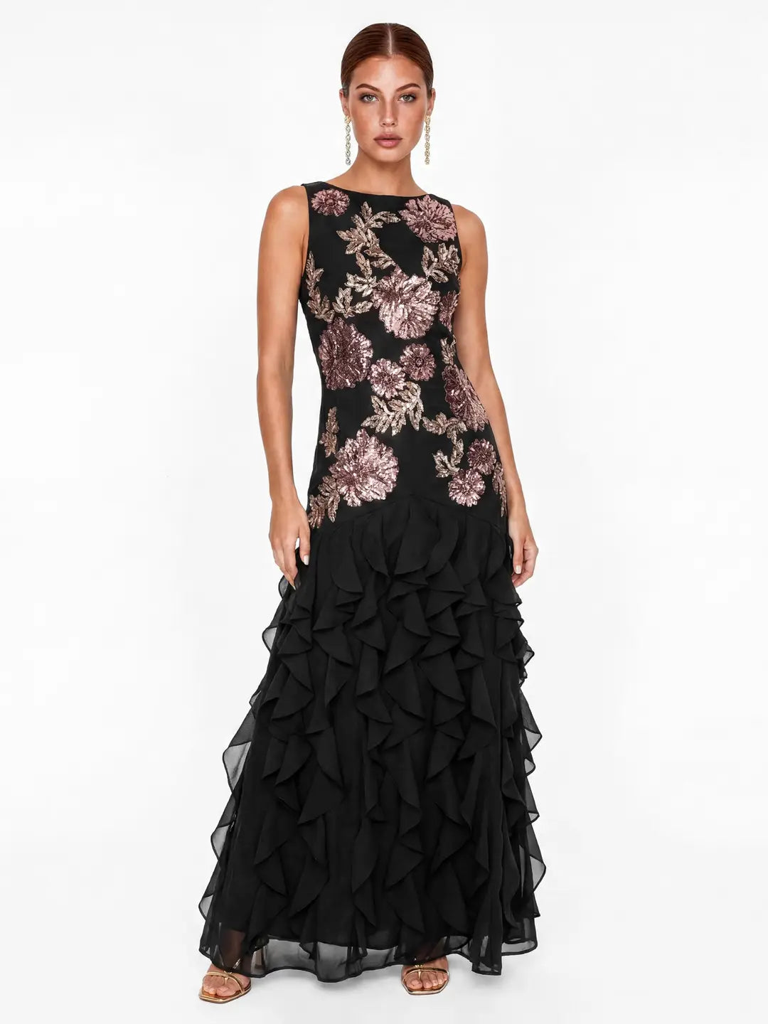 maya-black-embellished-waterfall-ruffle-maxi-black-dress