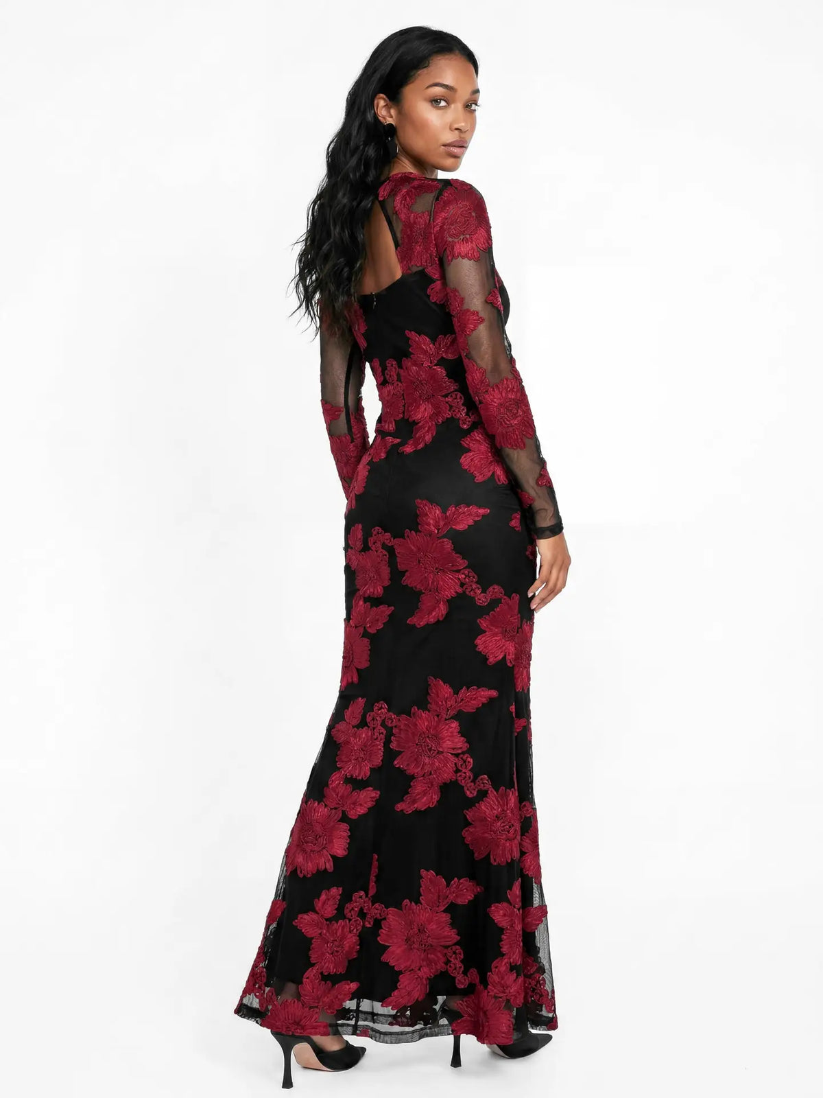 Maya Black Floral Red Applique Mesh Sleeve Maxi Dress