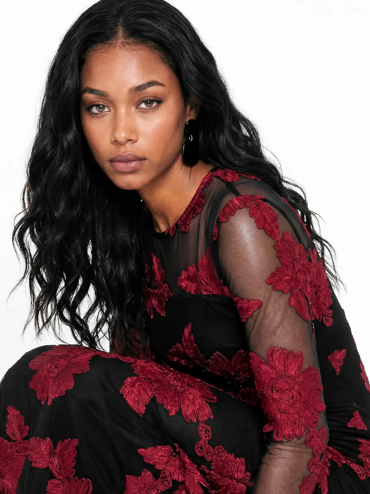 Maya Black Floral Red Applique Mesh Sleeve Maxi Dress