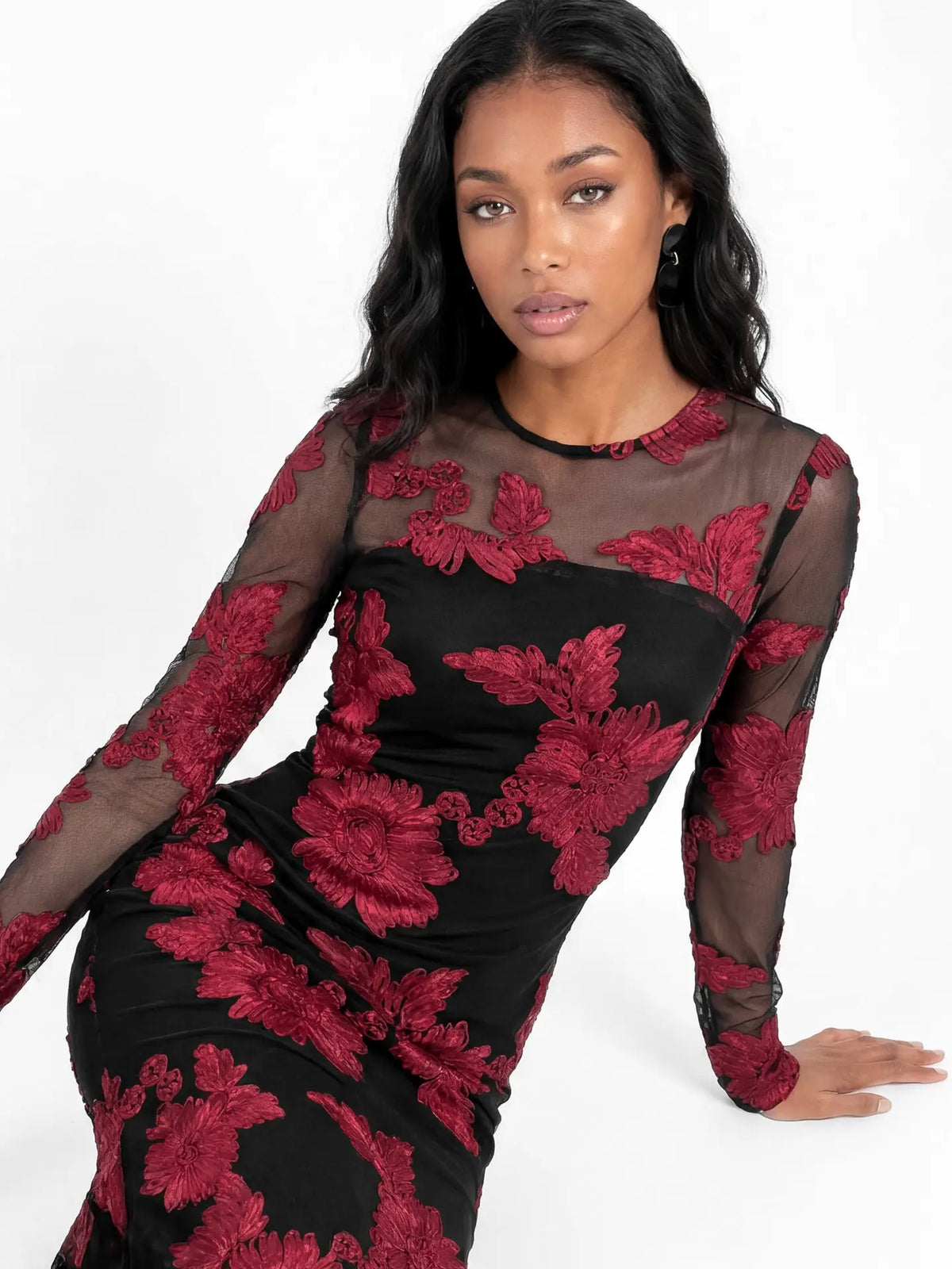 Maya Black Floral Red Applique Mesh Sleeve Maxi Dress
