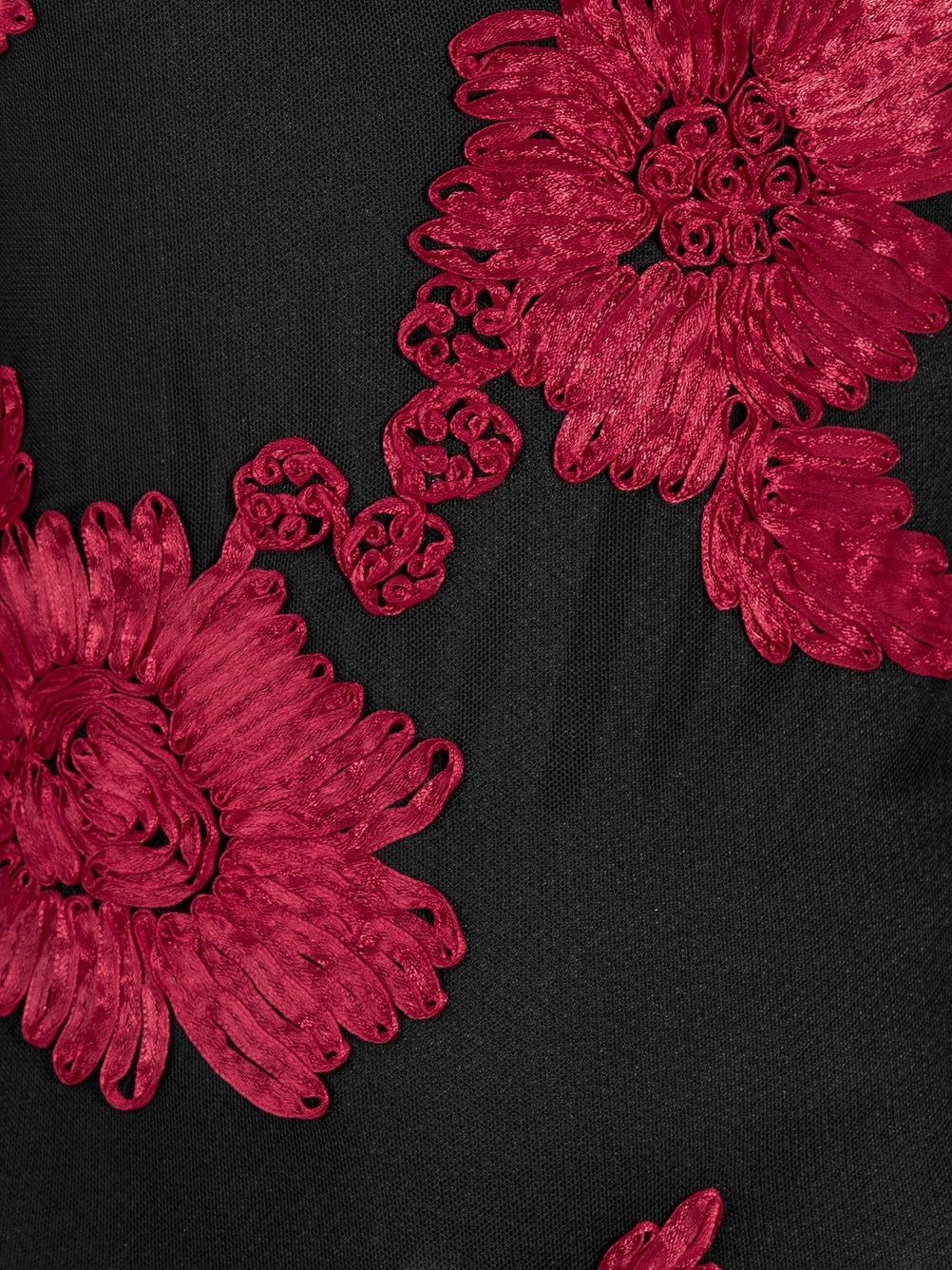 Maya Black Floral Red Applique Mesh Sleeve Maxi Dress