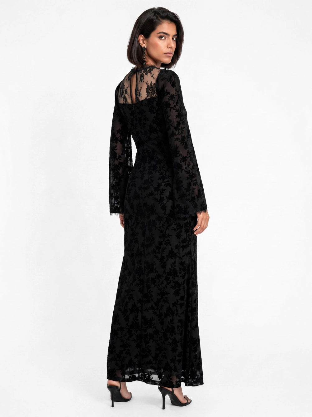 Maya Black Floral Bell Sleeves Velvet Burnout Maxi Lace Dress