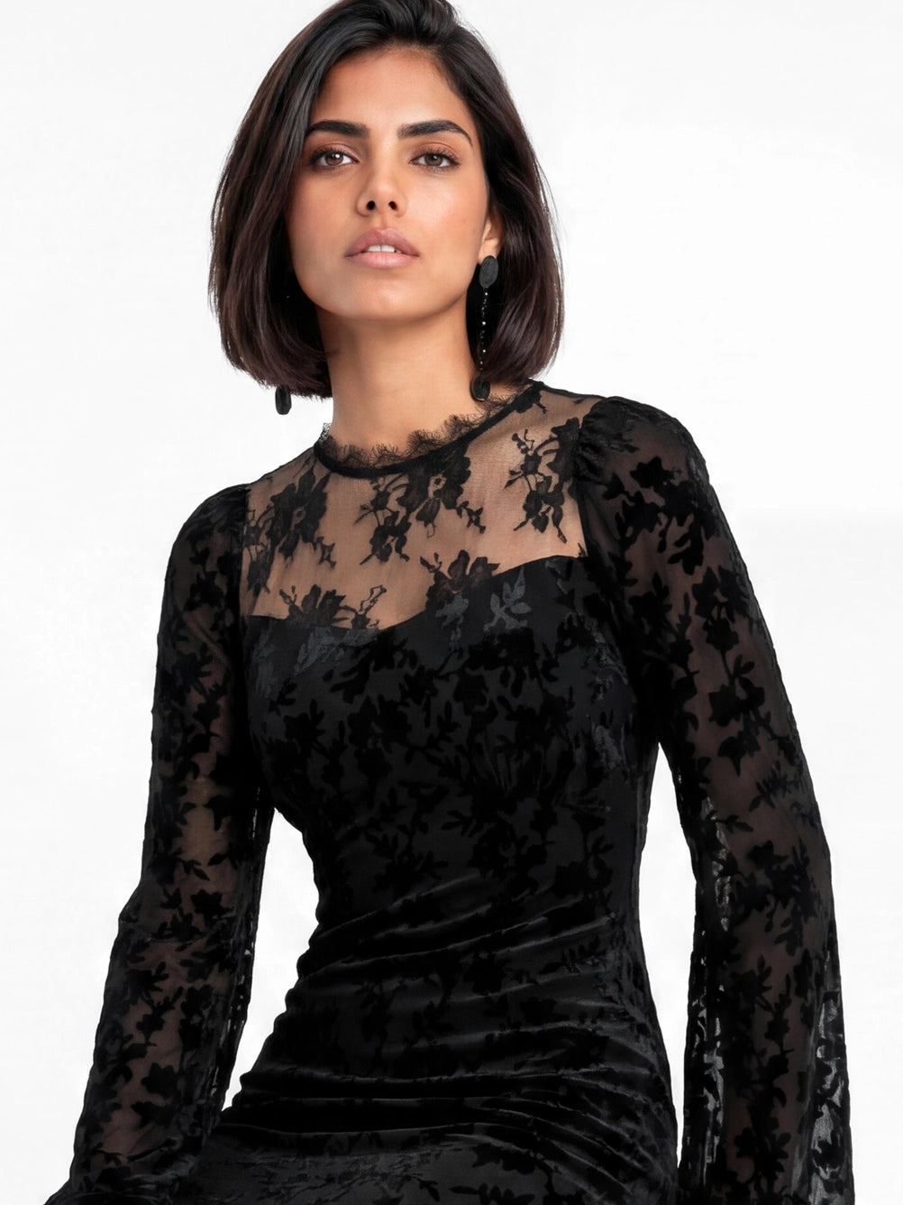 Maya Black Floral Bell Sleeves Velvet Burnout Maxi Lace Dress