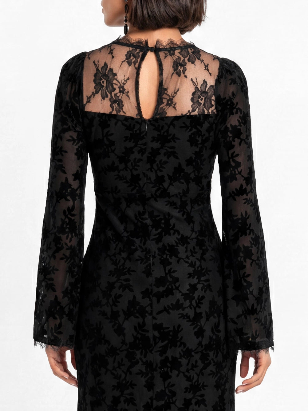 Maya Black Floral Bell Sleeves Velvet Burnout Maxi Lace Dress