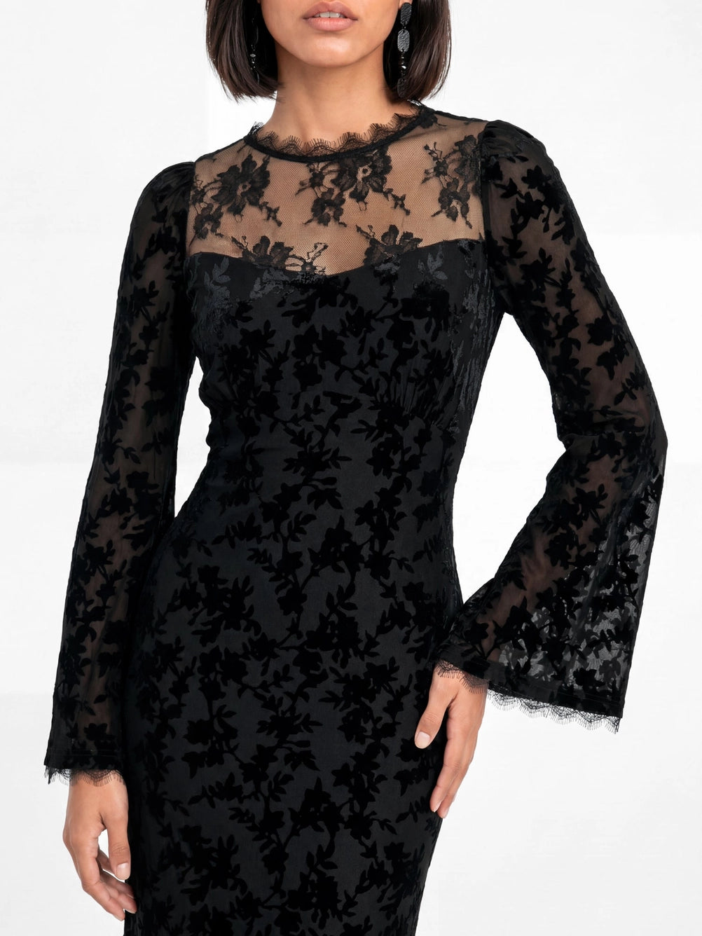 Maya Black Floral Bell Sleeves Velvet Burnout Maxi Lace Dress