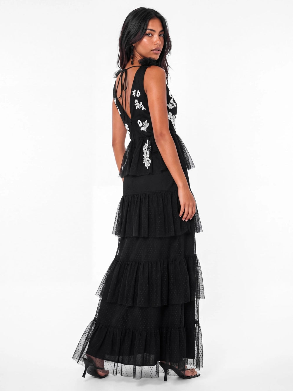 Maya Black Spot Mesh Embellished Tiered Maxi Dress