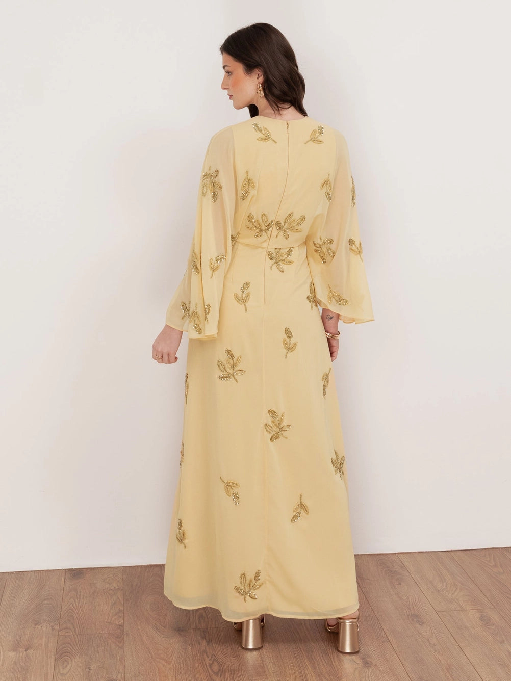 Maya Buttercream Yellow Floral Embellished Cape Sleeve Maxi Dress