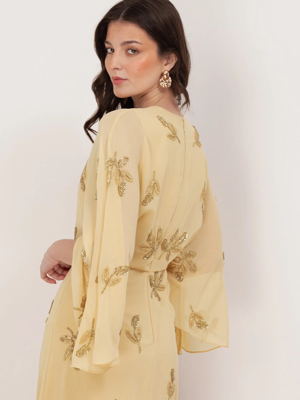 Maya Buttercream Yellow Floral Embellished Cape Sleeve Maxi Dress