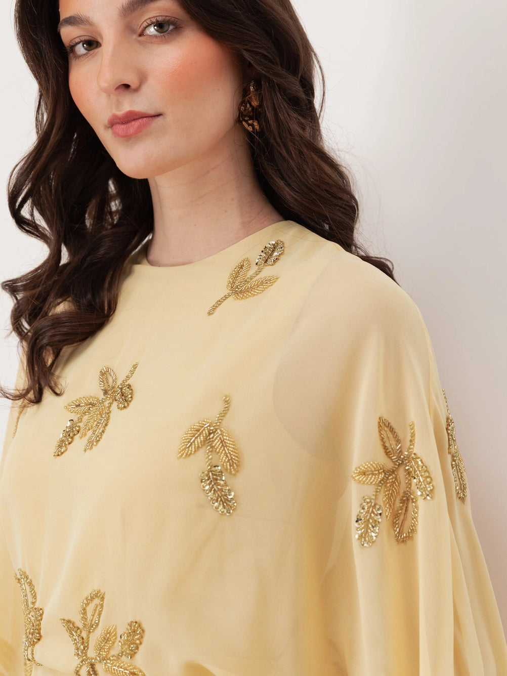 Maya Buttercream Yellow Floral Embellished Cape Sleeve Maxi Dress