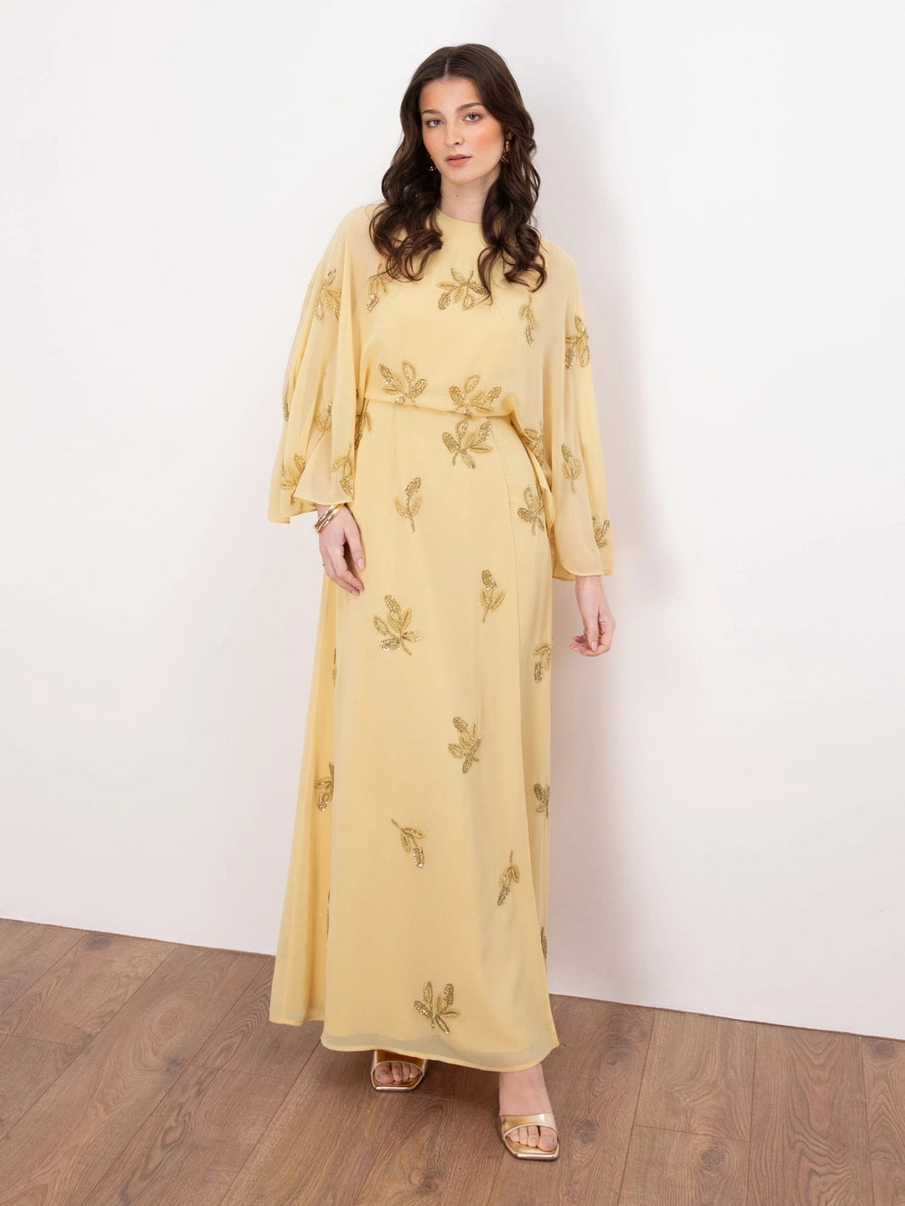 Maya Buttercream Yellow Floral Embellished Cape Sleeve Maxi Dress