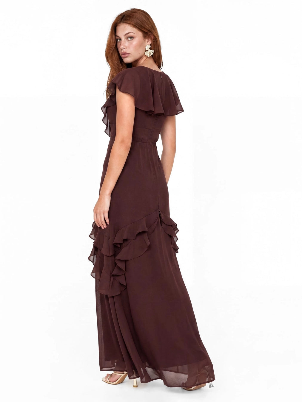 Maya Espresso Brown Cape Embellished Ruffle Detail Maxi Dress