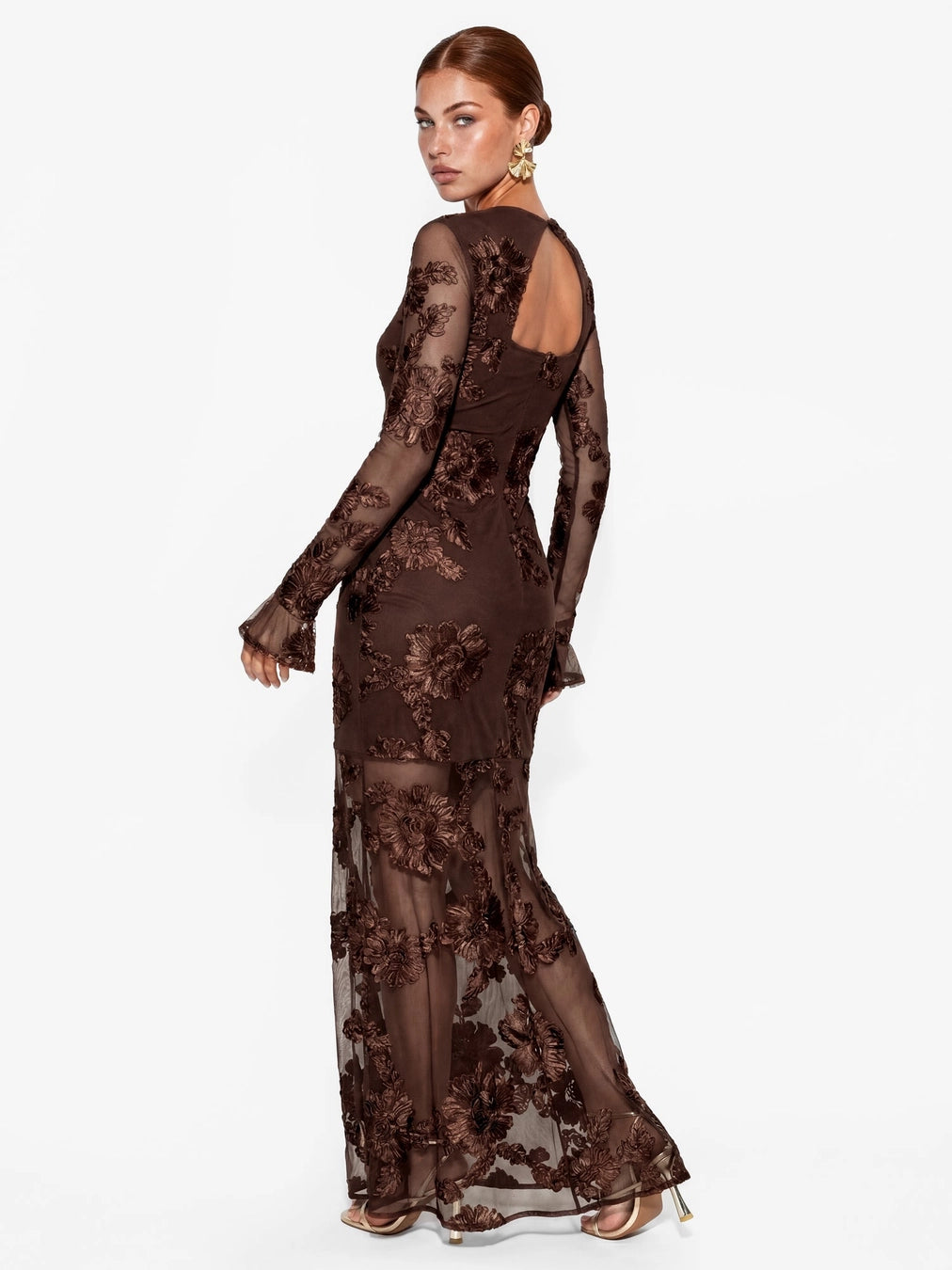 Maya Chocolate 3D floral Applique Sheer Overlay Maxi Dress
