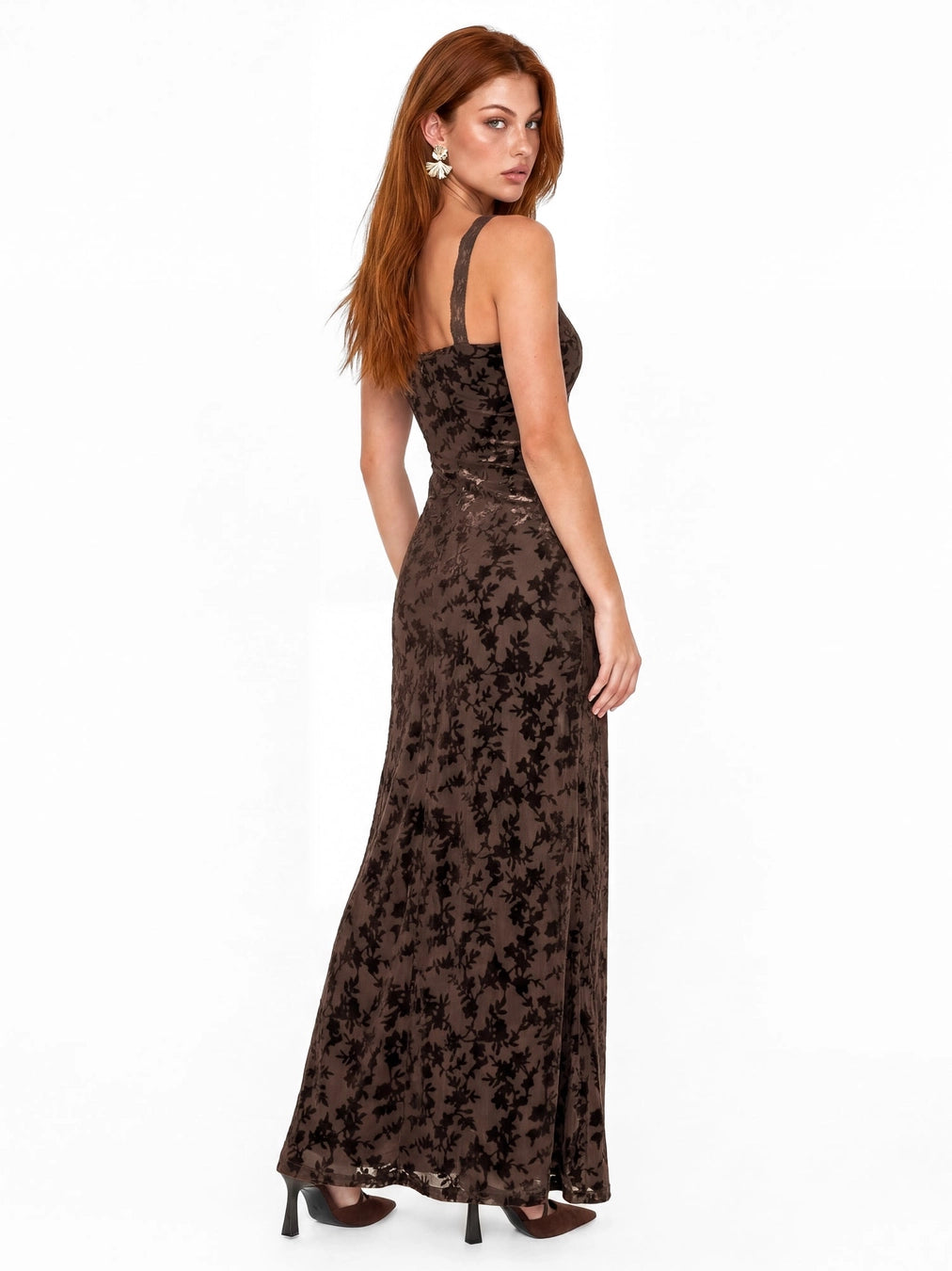 Maya Chocolate Brown Velvet Devore Strappy Maxi Dress
