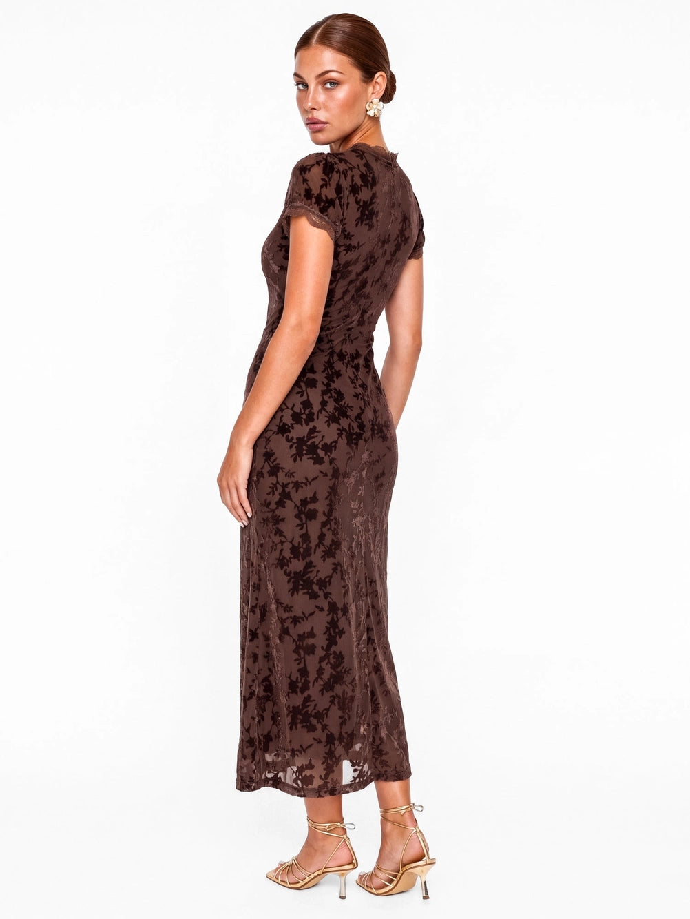 Maya Chocolate Floral Velvet Devore Burnout Midaxi Dress