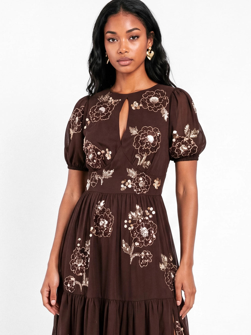 Maya Chocolate Keyhole Detail Embellished Midaxi Dress