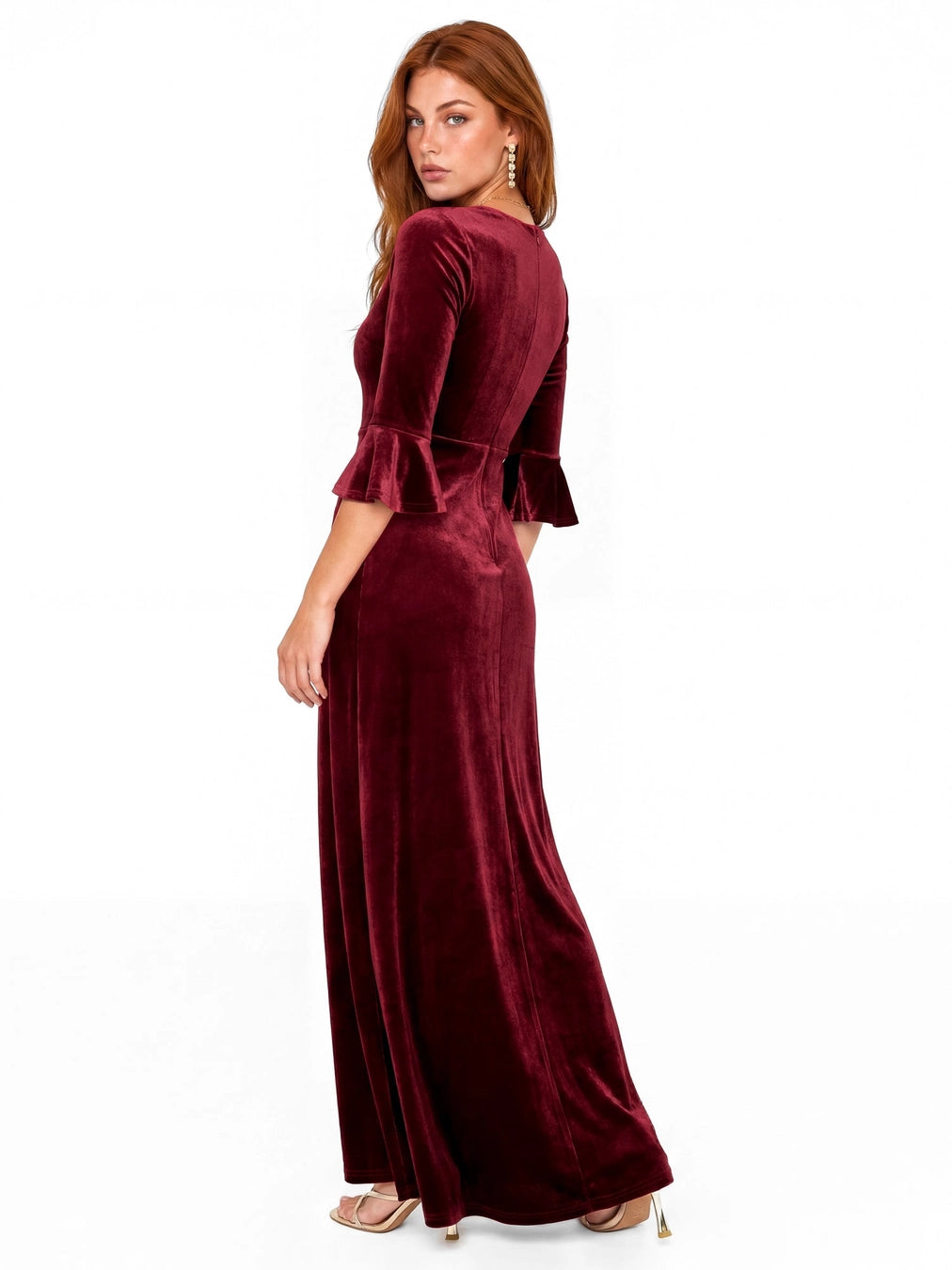 Maya Cranberry V Neck 3/4 Sleeves Velvet Maxi Dress