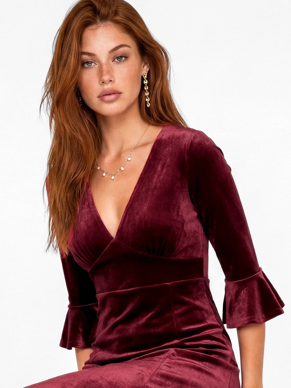 Maya Cranberry V Neck 3/4 Sleeves Velvet Maxi Dress