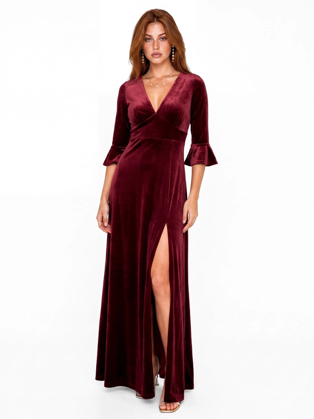 maya-cranberry-velvet-3_4-sleeve-maxi-dress