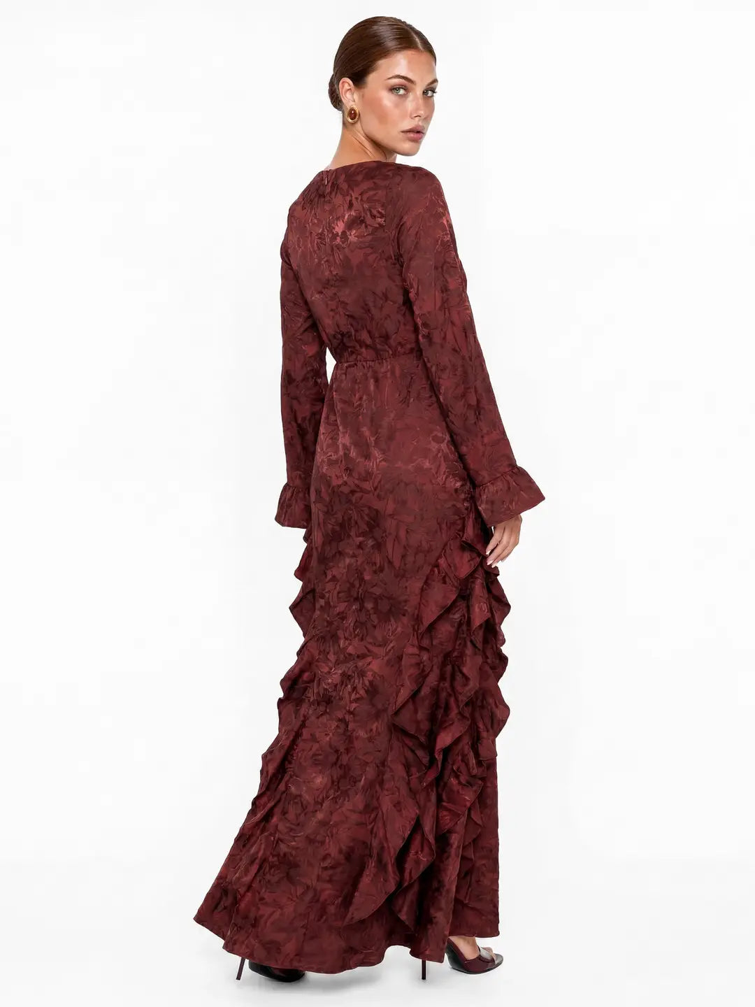 Maya Dark Red Floral Jacquard Ruffle Satin Maxi Dress
