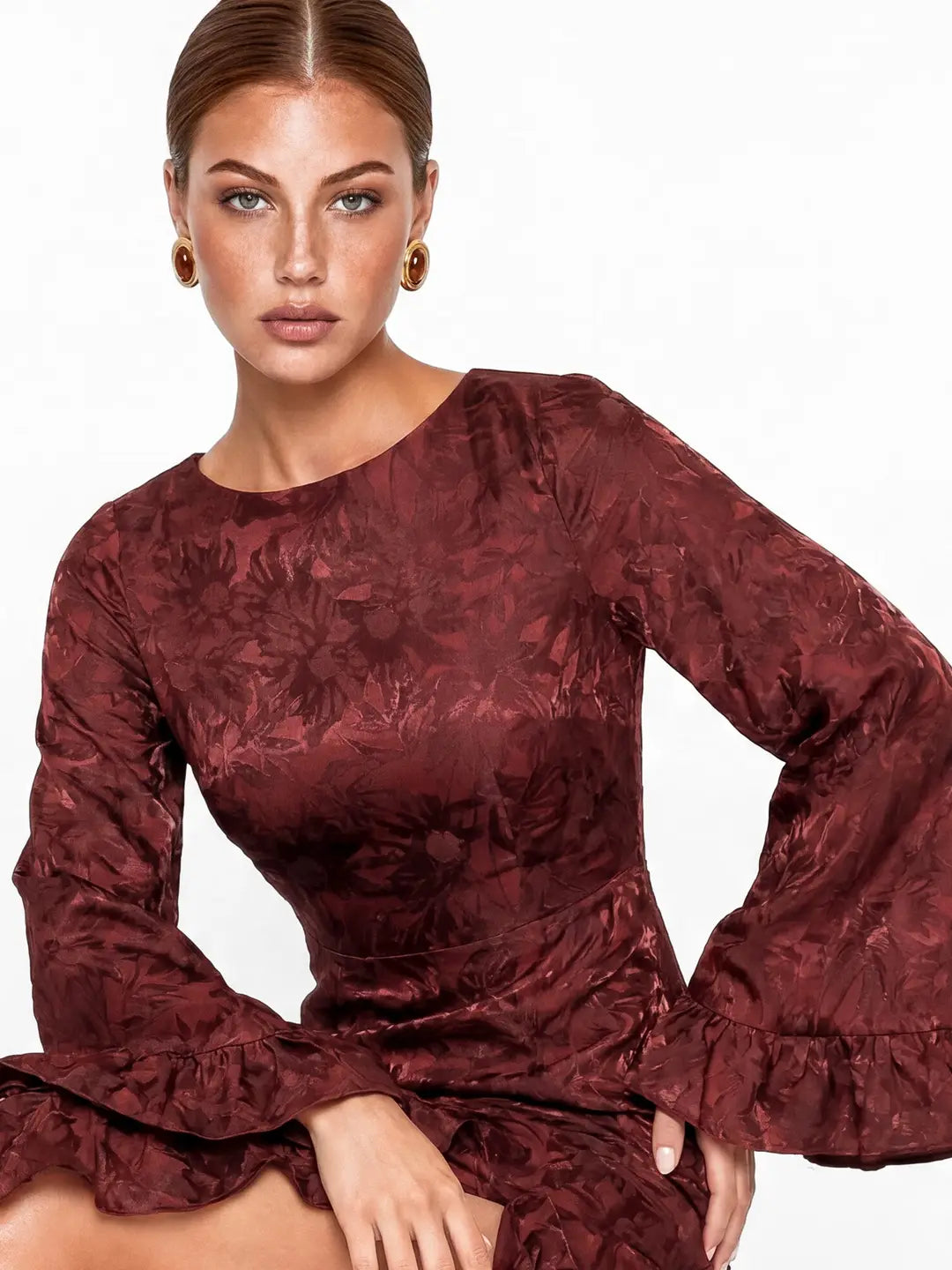 Maya Dark Red Floral Jacquard Ruffle Satin Maxi Dress