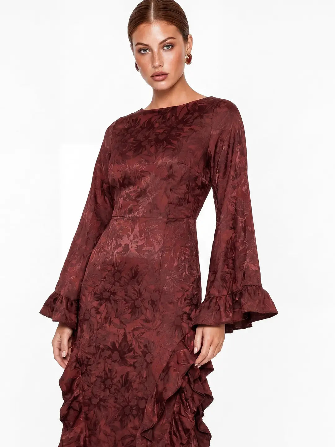 Maya Dark Red Floral Jacquard Ruffle Satin Maxi Dress