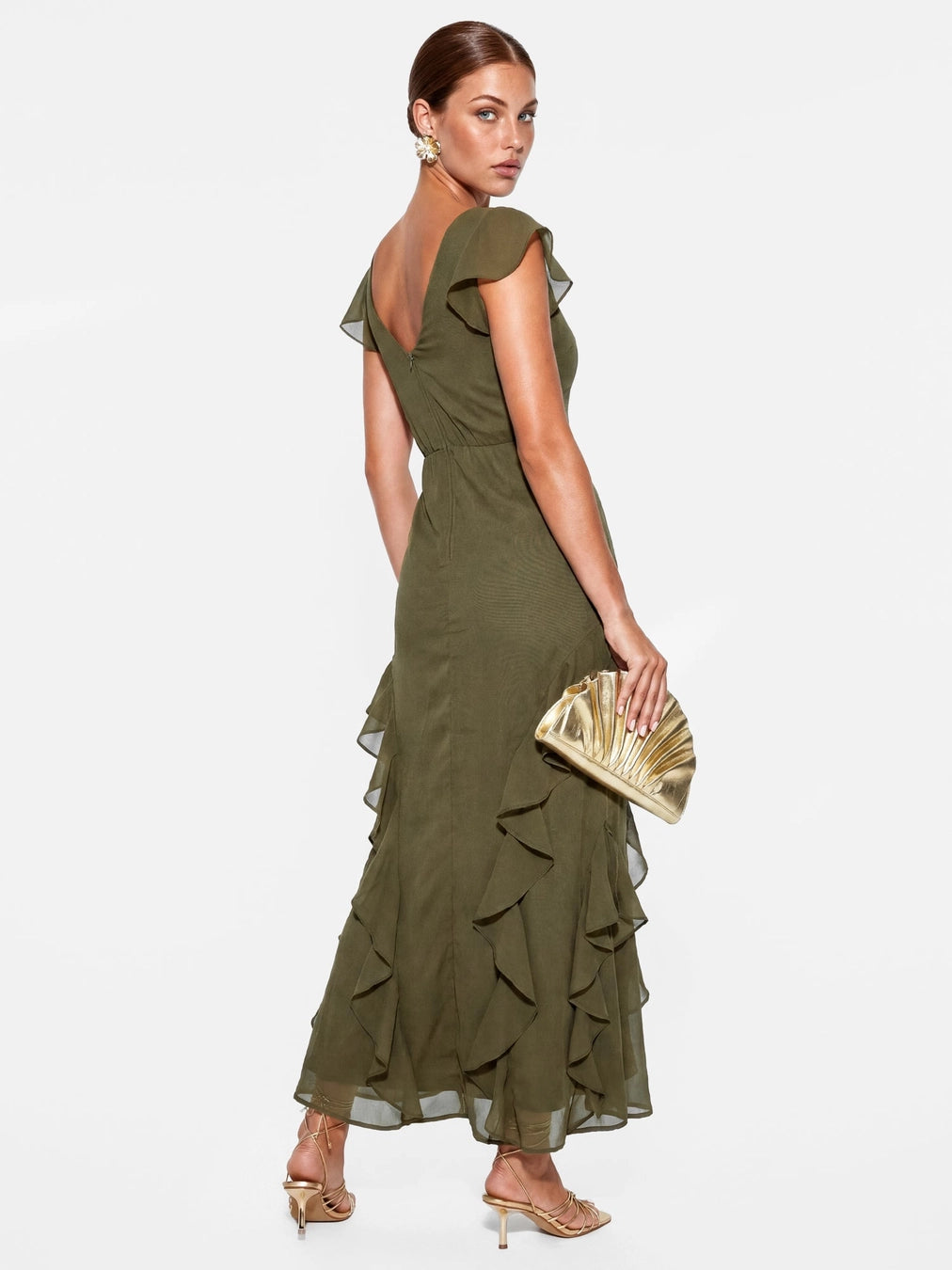 Maya Deep Olive Embroidered Ruffle V Neck Midaxi Dress