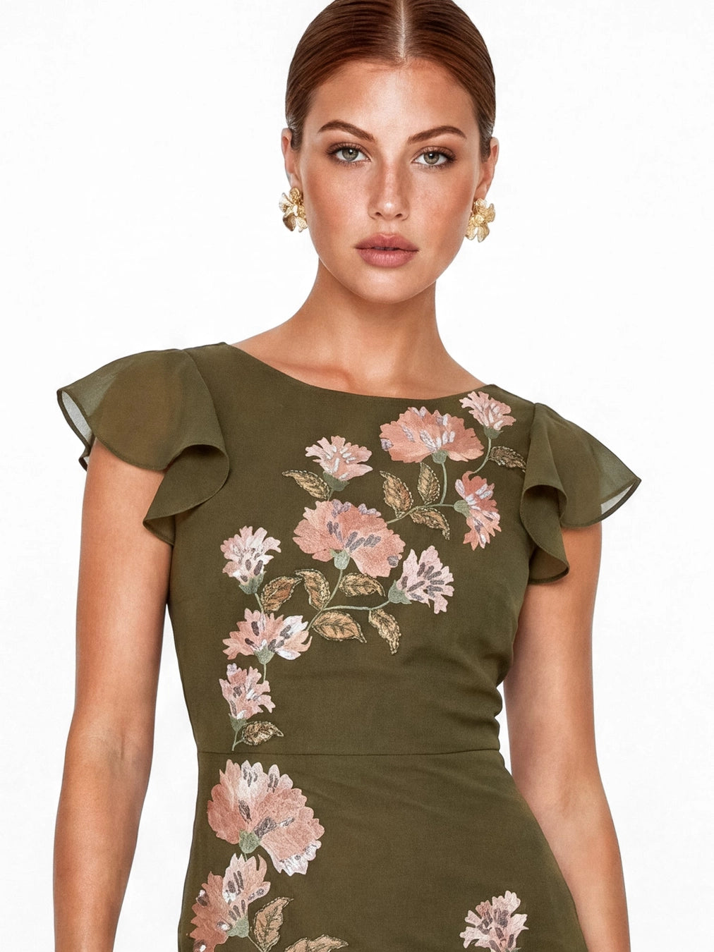 Maya Deep Olive Embroidered Ruffle V Neck Midaxi Dress