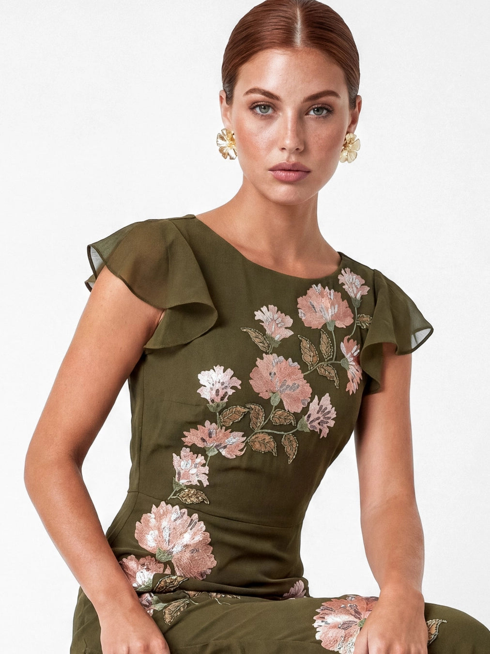 Maya Deep Olive Embroidered Ruffle V Neck Midaxi Dress