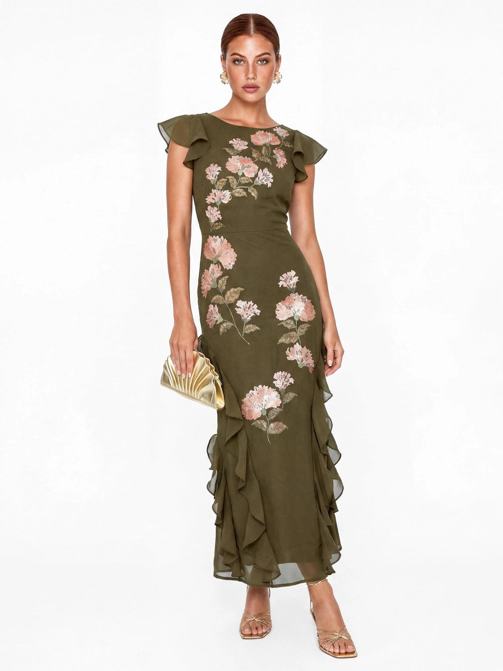 Maya Deep Olive Embroidered Ruffle V Neck Midaxi Dress