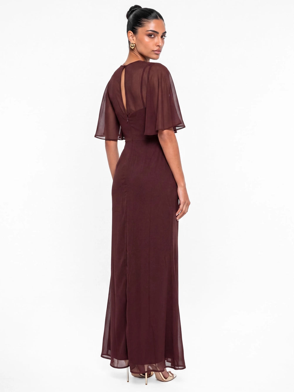 Maya Espresso Floral Embellished Angel Sleeve Maxi Dress