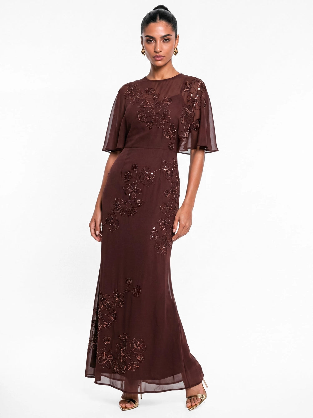 maya-espresso-brown-floral-embellished-angel-sleeve-maxi-dress