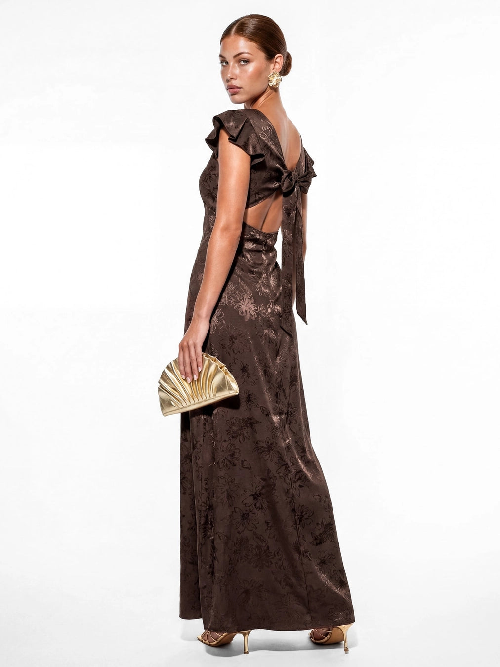 Maya Jacquard Espresso Brown Floral Maxi Dress