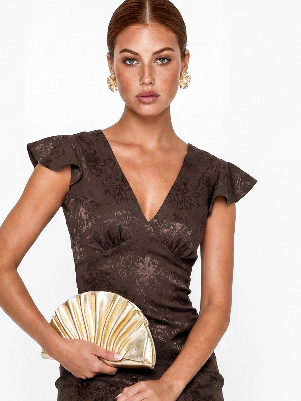 Maya Jacquard Espresso Brown Floral Maxi Dress