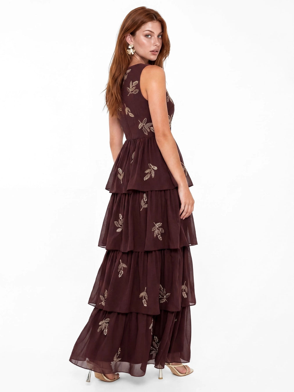 Maya Espresso Brown Leaf Embellished Tiered Maxi Dress