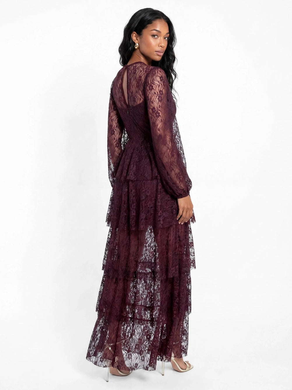 Maya Floral Embellished Plum Blouson Sleeve Lace Maxi Dress