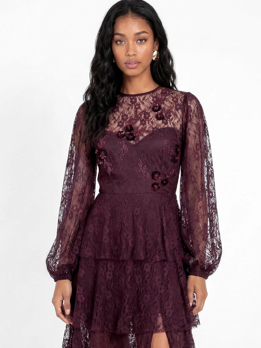 Maya Floral Embellished Plum Blouson Sleeve Lace Maxi Dress