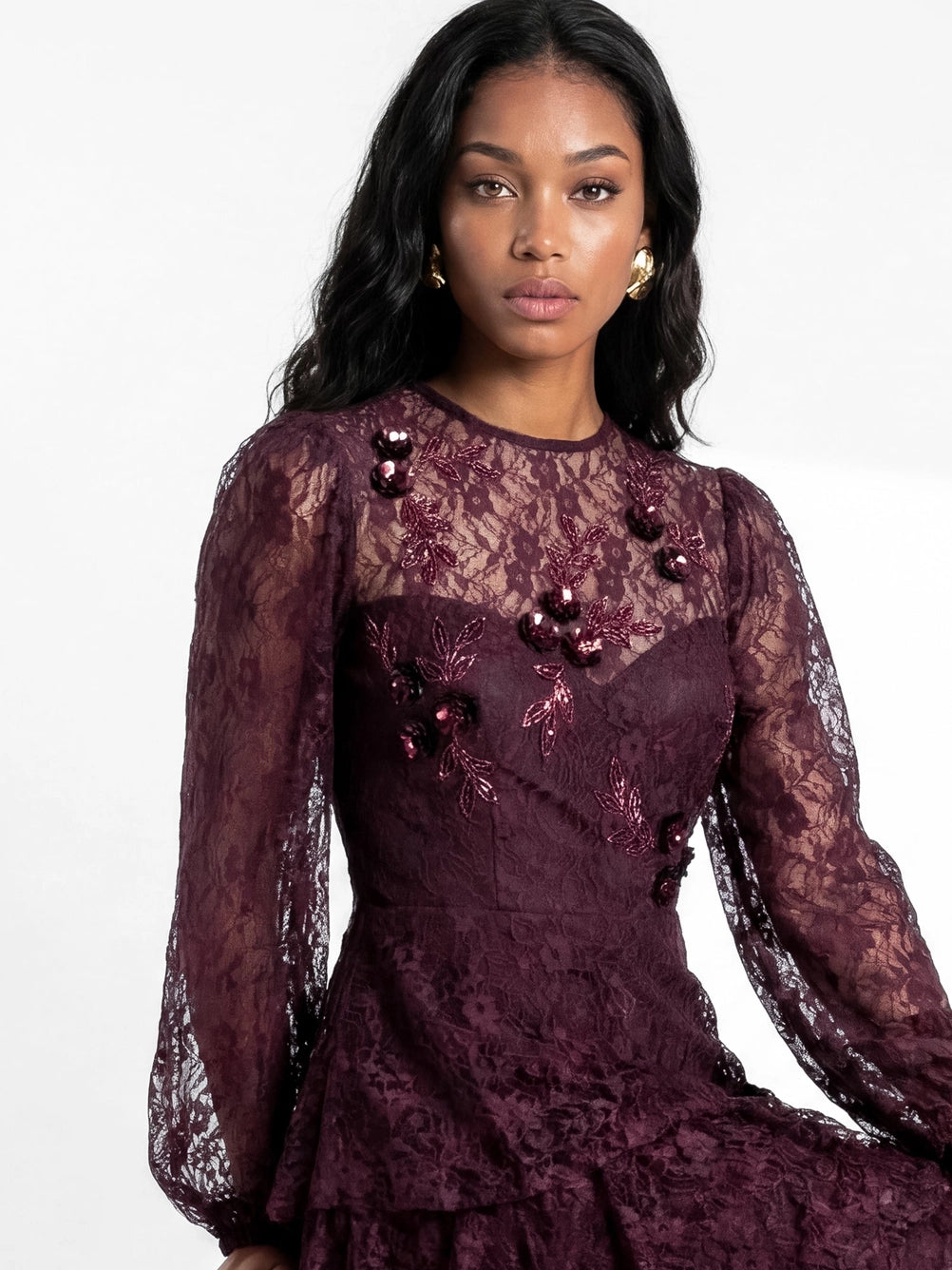 Maya Floral Embellished Plum Blouson Sleeve Lace Maxi Dress